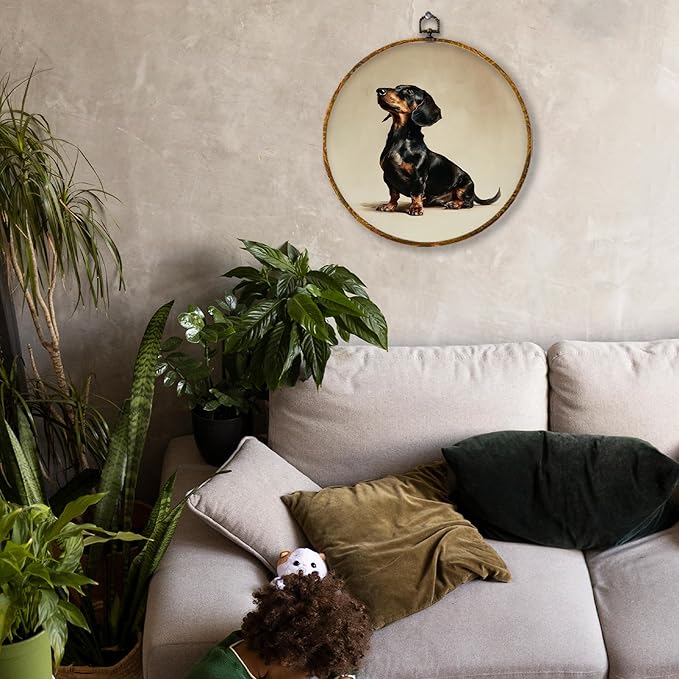 Hiuwevt Vintage Dachshund Round Wall Art Decor, Dachshund Lovers Gifts Framed Canvas Prints, Wiener Dog Gifts Round Wall Hanging Decor for Bedroom Home Living Room Decorations, 10x10 Inches