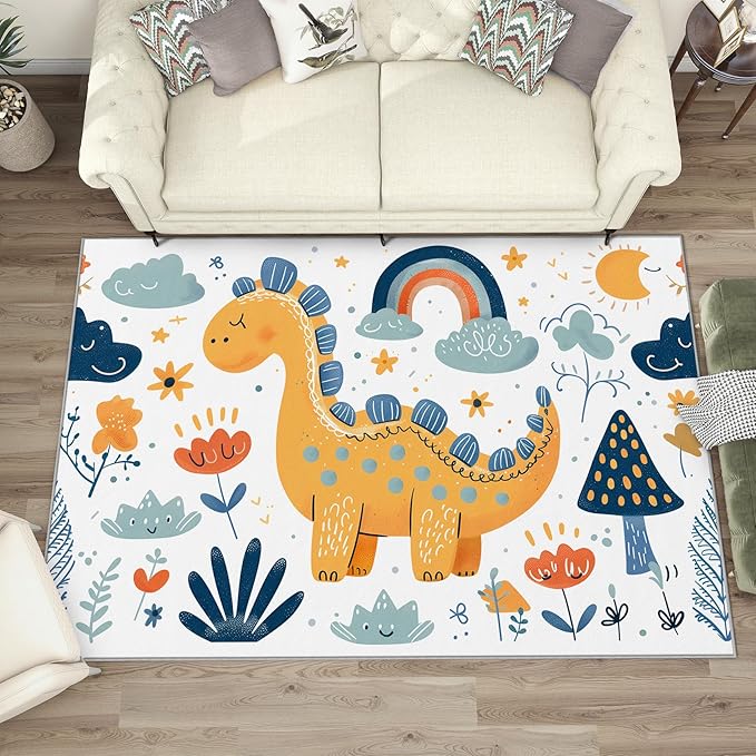 Dinosaur Rug for Nursery - Cartoon Dino Area Rug 5x6, Boys Cute Animal Rugs for Living Room Bedroom, Kids Baby Playroom Carpet - Washable Non Slip Stain Resistant, Dinosaur Home Decor & Gifts