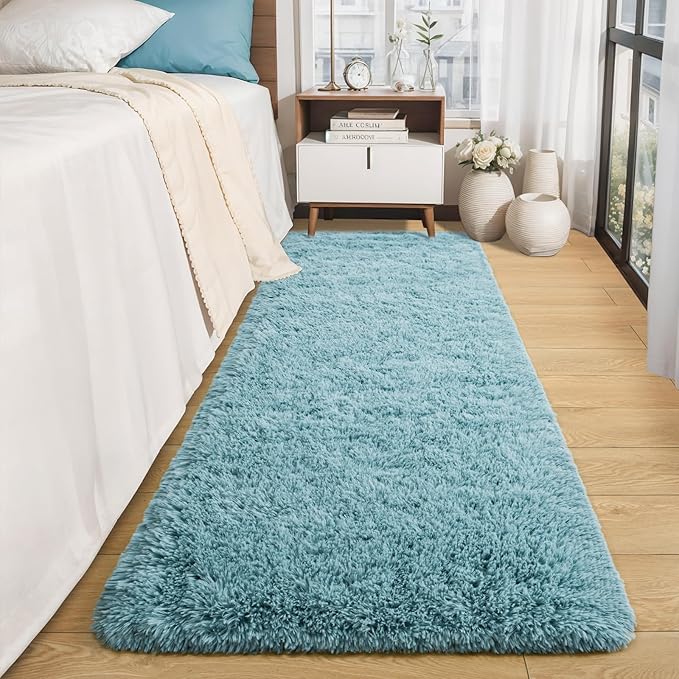 Merelax Soft Fluffy Rugs for Bedroom Living Room, 2x6 Hallway Runner Rugs, Furry Shag Bedside Area Rug Indoor Accent Floor Carpet, Plush Fuzzy Rug for Dorm Nursery Kids Room Decor, Turquoise Green