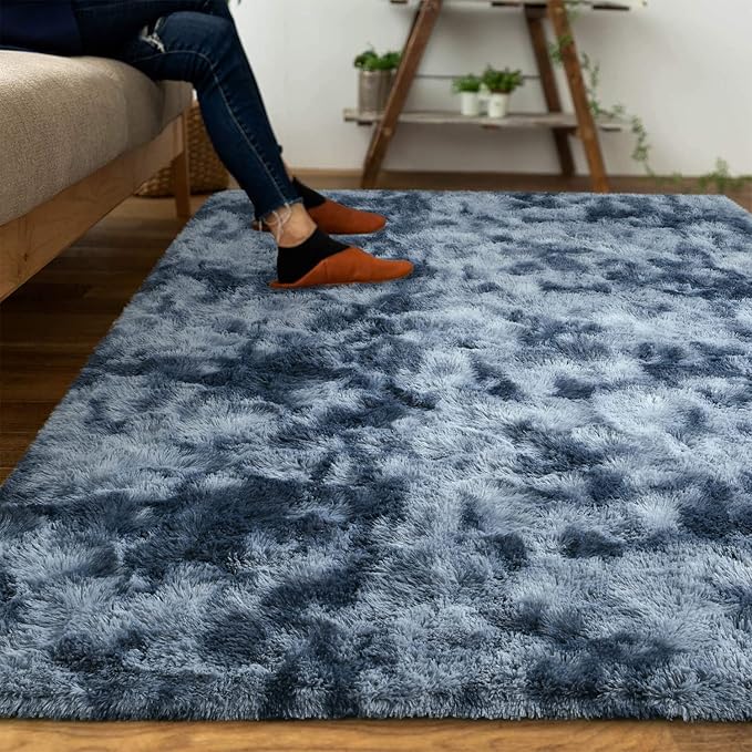 DweIke Fluffy Blue Grey Rugs for Bedroom Living Room, 4x6 Feet Soft Plush Shaggy Tie-Dyed Navy Blue Gray Girls Boys Kids Rug, Upgraded Non-Slip and Machine Washable Carpet for Dorm Nursery Decor