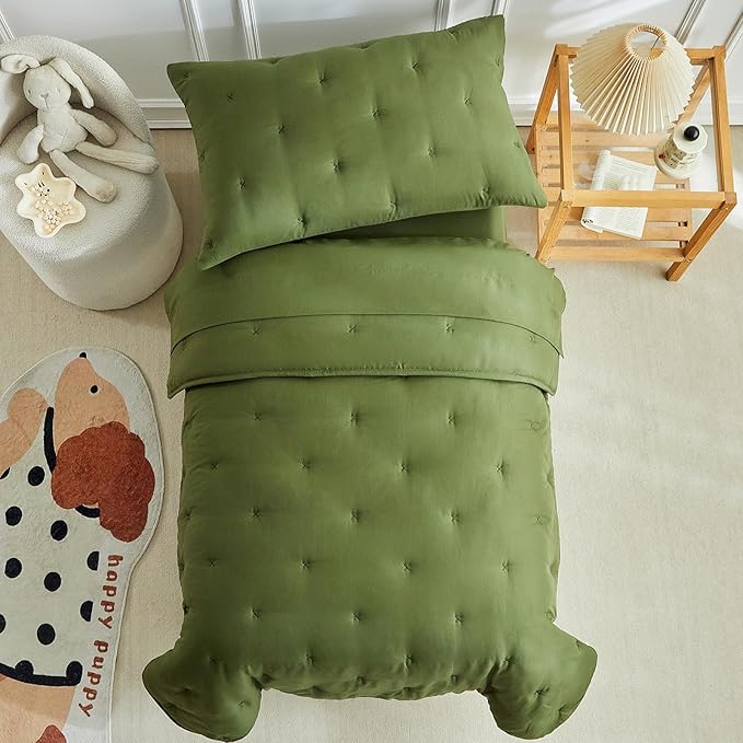 DuShow 4 Piece Toddler Bedding Set,Embroidery Crib Comforter Set for Boys Includes Toddler Bed Comforter,Fitted Sheet,Flat Sheet and Envelope Pillowcase,Soft Toddler Bed Sheet Set-Olive Green ﻿