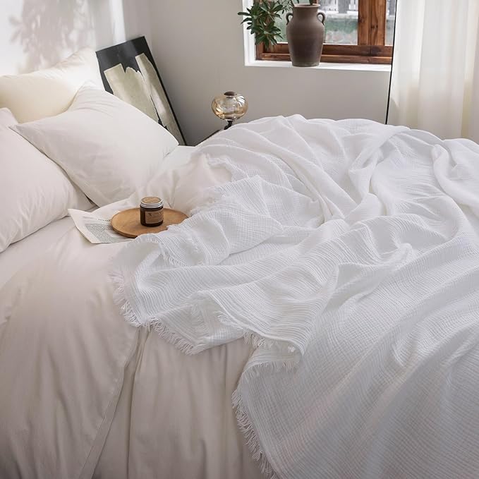 FOSSA Muslin Blanket with Fringe - 4-Layer 100% Cotton Gauze Super Soft & Breathable Throw -Lightweight Decorative Cooling Blanket for Bed, Sofa, Office (Bright White, Queen (90" × 90"))