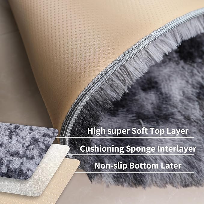 6x9 Dark Grey Fluffy Shag Rug for Bedroom Living Room, Ultra Soft Plush Fuzzy Washable Non Slip Floor Cozy Carpet, Modern Comfy Shaggy Large Area Rug for Kids Baby Nursery Dorm, Tie-Dye Gray