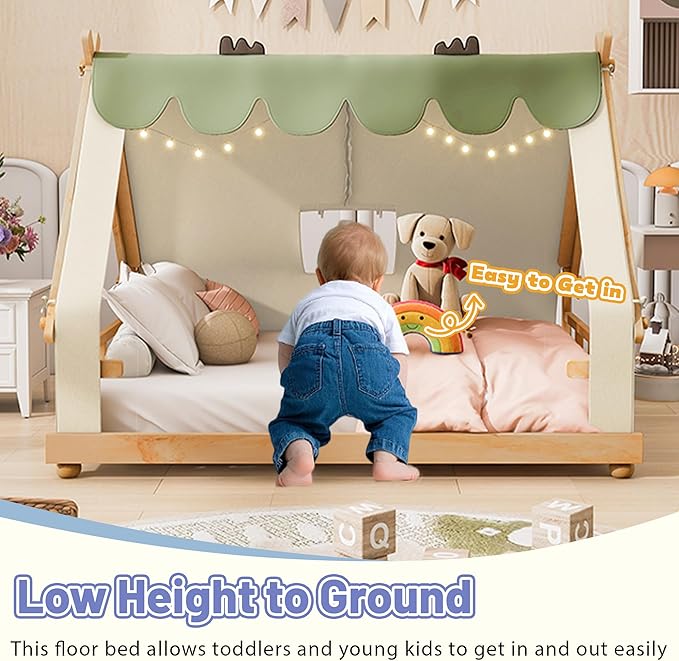 Full Size Floor Bed with Tent and Light, Wooden Montessori Bed Frame with Roof Design, Low Profile Beds for Kids, Boys and Girls, White