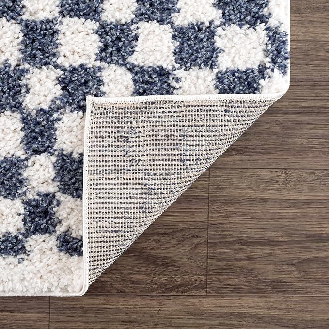 BoutiqueRugs Kieu Modern Checkered Shag Rug - High Pile Fluffy Shag Carpet for Hallway, Nursery, Playroom, Girls Boys Room - White, Blue - 7'10" x 10' (8x10)