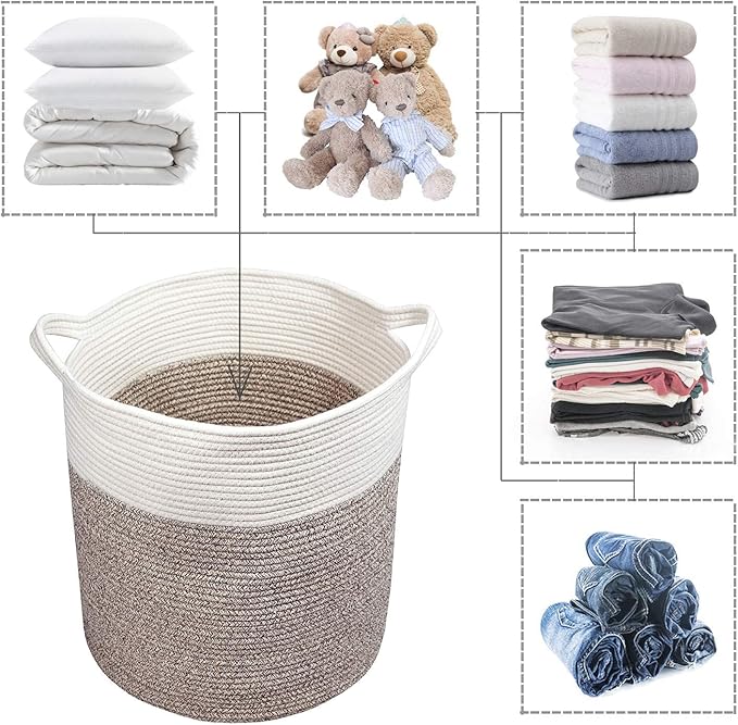 COMFY-HOMI XXL Large Laundry Basket with Handles Blanket Baskets Living Room|Woven Cotton Rope Decorative Basket Laundry Hamper Baby Basket Nursery Dog Toy Storage Organizer Bin-16”x18”-White Brown