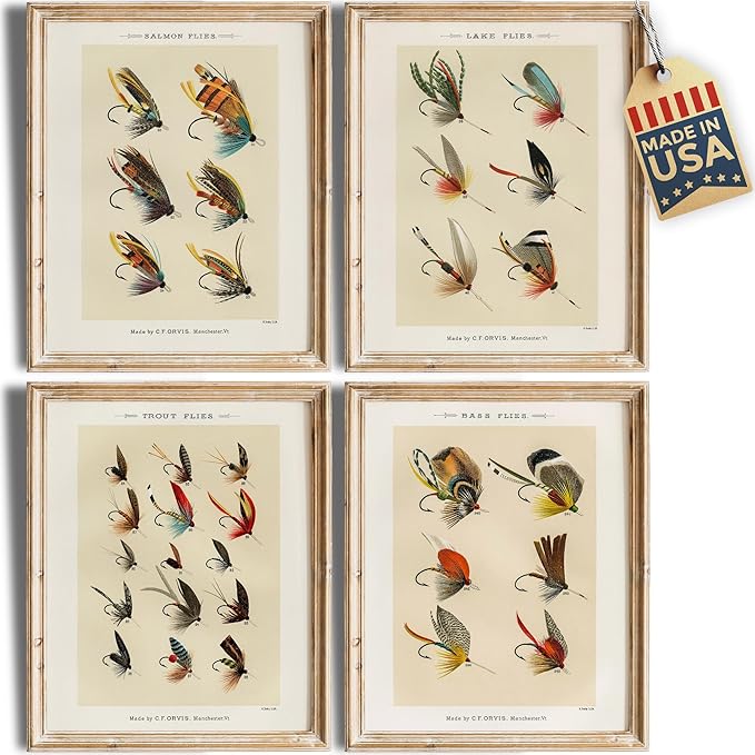 DREAM BIG PRINTABLES Vintage Fly Fishing Decor (Set of 4) - Unframed - 11x14 | Great Gift for Fisherman - Reproductions of Vintage Fishing Lure Art Prints - Rustic Decor