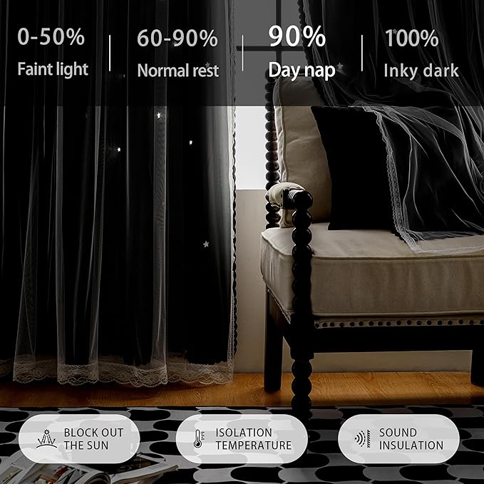 XiDi Black Out Curtains for Bedroom, Curtains for Girls Bedroom Decor, Unicorn Curtains for Kids Room, Black and White Curtains for Living Room 96 inchs Long 52 inches Wide 2 Panel Black