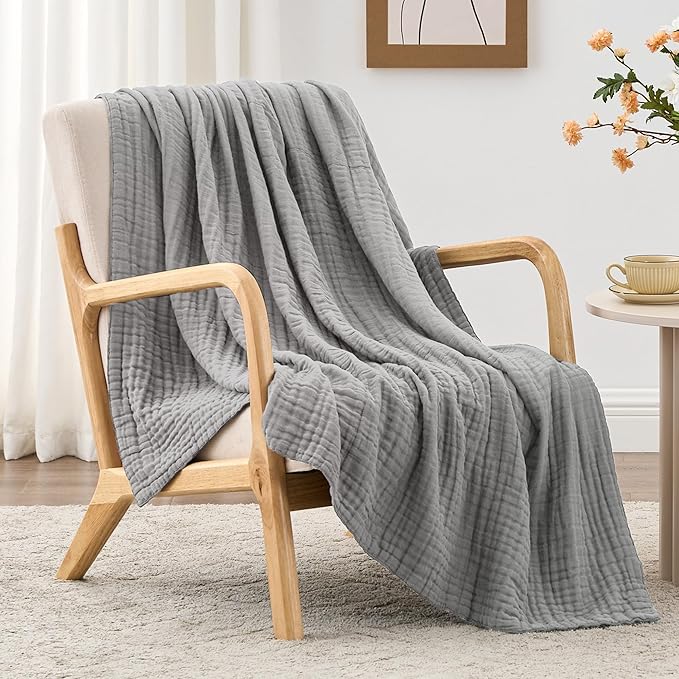 Love's cabin 6 Layer 100% Cotton Muslin Blanket, 60"x80" Twin Muslin Blanket for Couch Bed, Lightweight and Breathable Cotton Gauze for Adult, Medium Grey