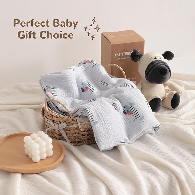 NTBAY 4 Layer Muslin Cotton Toddler Blanket, 42x60 Soft and Breathable Receiving for Newborns and Infants, Perfect for Crib, Stroller, Travel, Lightweight Nursery Blanket, Striped Dog