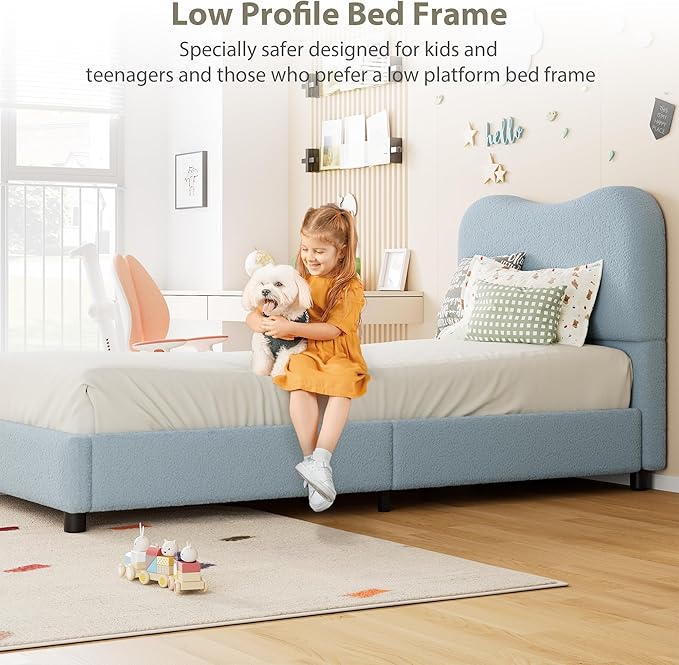 Senfot Blue Twin Kids Bed Frame with Upholstered Headboard, Low Profile Sturdy Platform Bed with Soft Boucle Fabric for Girls and Boys, Heavy Duty, Wooden Slats, Noise Free, No Box Spring Needed