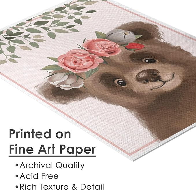 DREAM BIG PRINTABLES Woodland Animals Nursery Wall Art Prints (Set of 6) - Unframed - 8x10s | Set Includes Bear, Fox, Owl, Deer, Bunny Rabbit, and Raccoon wearing Floral Crowns