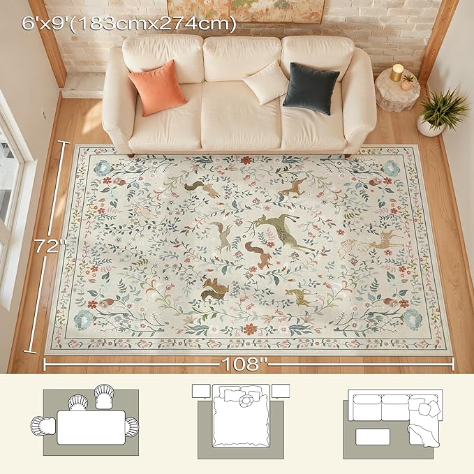 6x9 Area Rugs for Living Room Floral Animal Print Carpet Washable Non-Slip Large Rug Low Pile for Indoor Bedroom Dining Room Nursery Home Office Farmhouse Kids Play Room Beige
