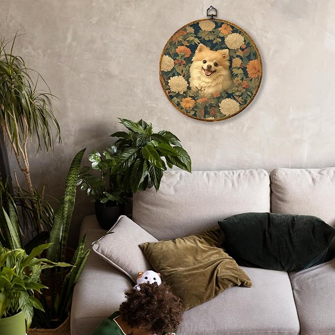 Hiuwevt Vintage Floral Pomeranian Round Wall Art Decor, Pomeranian Gifts for Women Framed Canvas Prints, Cottagecore Flower Dog Round Wall Hanging Decor for Home Bedroom Room Decorations, 10x10 Inches