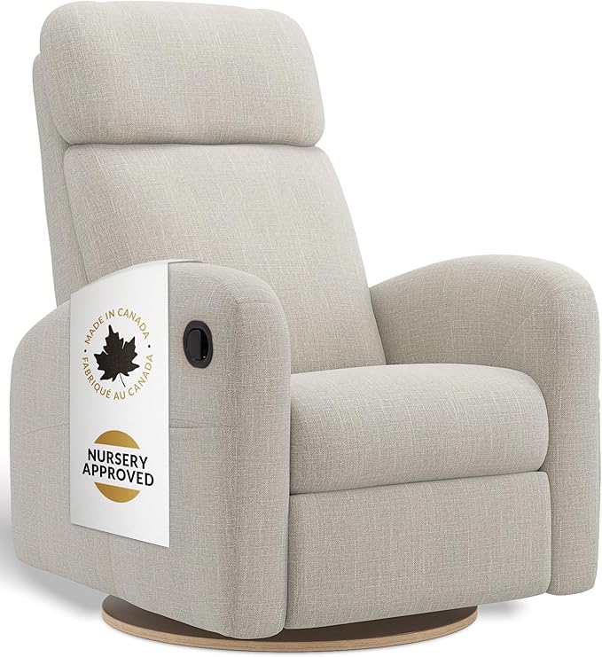 Hailey Modern Nursery Glider Recliner Chair (Manual) – Cozy Nursing Chair with 360° Swivel for New Parents, Gentle Motion, High Back & Low Armrests, Adjustable headrest, Canadian Made (Nubia Ivory)