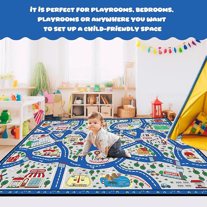 Tinideya Kids Carpet Playmat Rug Player Car Rug, 6 x 9 ft Traffic Map Mat Educational Game Area for Toddler Children Playroom Classroom Bedroom (City, Blue)