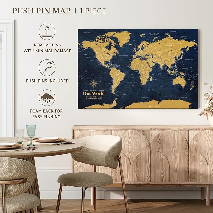 ElephantStock - Personalized Push Pin World Map - Gold Wall Art - Horizontal Canvas Wall Art - Living Room Wall Decor - Digital Art Map Canvas Art - Orange And Blue Decor - 48" x 32"