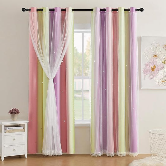 XiDi Curtains for Girls Bedroom Decor Kids Blackout Curtains for Nursery Room Darkening Rainbow Princess Unicorn Wall Decals Little Girl Pink Yellow Purple Grommet Top 34x45 Inches Long 2 Panels Set