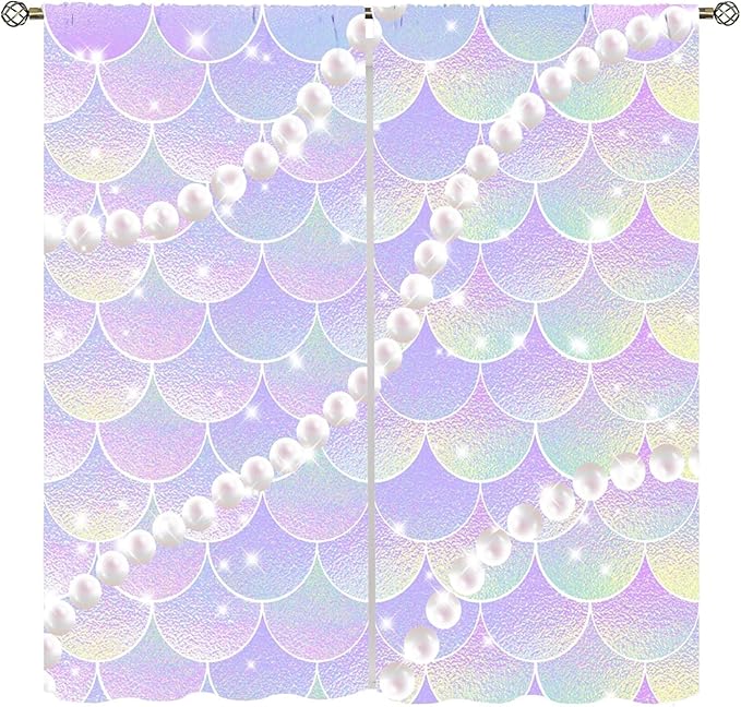 Mermaid Curtains, Gradient Color Pink Purple Pearl Ocean Theme Mermaid Fish Scale Print Decoration Suitable for Children Girls Bedroom Nursery Curtains 52x84 Inch