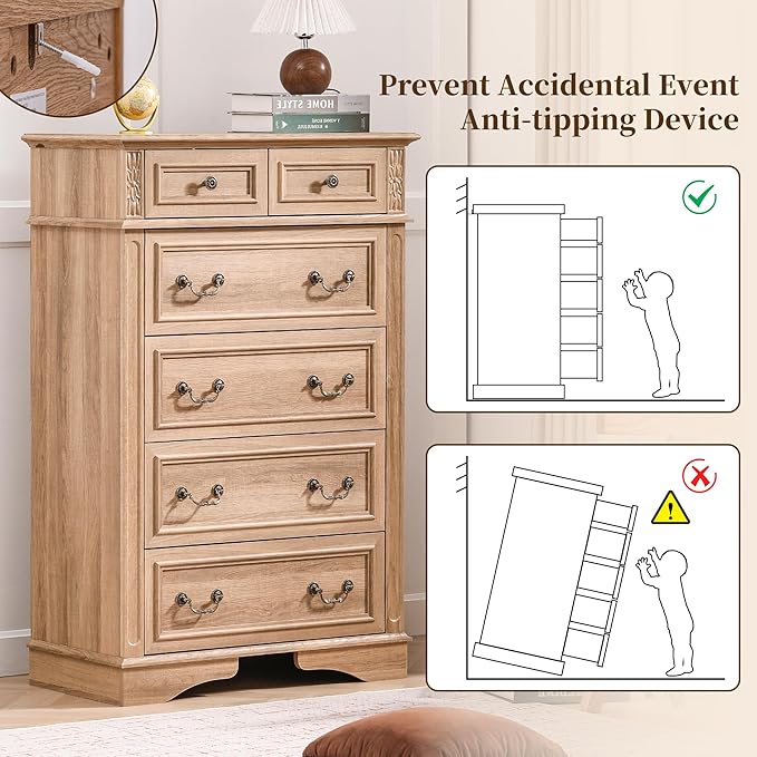 Dresser for Bedroom with 6 Drawers, 48" Tall Natural Dresser for Storage and Organization, Farmhouse Chest of Drawers for Living Room, Closet, Hallway