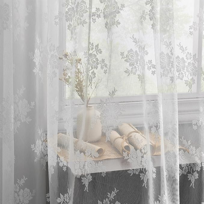 Kotile White Lace Curtains 36 Inch Length 2 Panels Set, Country Rustic Floral Short Lace Kitchen Curtains Over Blinds, Rod Pocket Privacy Sheer Lace Café Curtains for Small Windows, Each 52 x 36 Inch