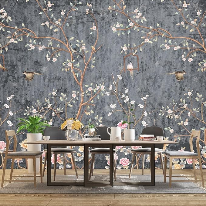 Grey Retro Floral wallpeper Living Room Bedroom Chinese Style Flower Bird Wall Mural - 91"x65"（Not Peel and Stick）
