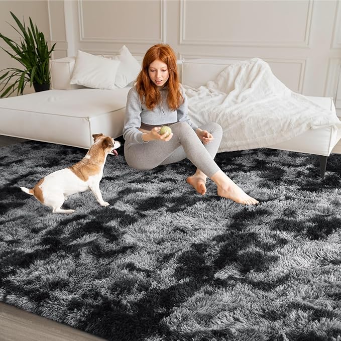 EVOIONOS 10x14 Washable Large Area Rug Living Room, Fluffy Shag Rug Bedroom, Ultra Soft Plush Non Slip Carpet Indoor Floor Bedside Nursery Kids Girl Room Dorm, Home Decor Aesthetic Tie-Dyed Dark Grey