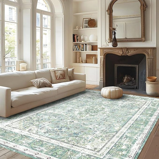 Vhong Boho Area Rugs Vintage Washable Modern Neutral Large Carpet Sage Green 6×9 High Traffic Rugs for Dinning Room Living Room Bedroom Farmhouse Non Slip