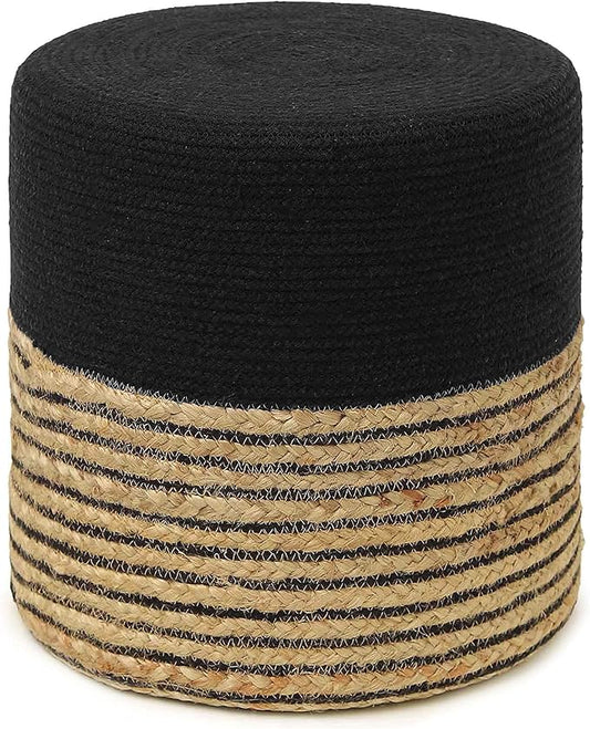 REDEARTH · Cylindrical Pouf Ottoman - Braided Pouffe Accent Sitting Round Footrest for Living Room, Bedroom, Nursery, kidsroom, Patio, Gym; 70% Cotton 30% Jute, (14.5X14.5X16; Black Natural)