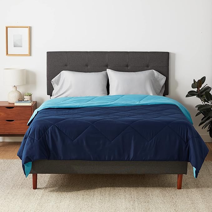 Amazon Basics Comforter Blanket Full/Queen, Reversible Lightweight Microfiber All Season Blanket, Navy/Sky Blue