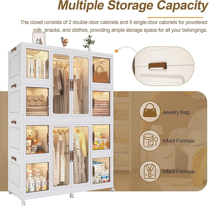 Portable Closet Wardrobe, Foldable Clothes Organizer with 10 Cubby Storage, 2 Hanging Rods, Easy Assemble Clothing Storage with 16 Hangers, Kids Wardrobe Cabinet