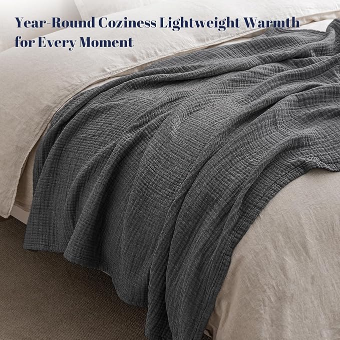 PHF 100% Cotton Muslin Blanket Queen Size 90"x90", 4-Layer Lightweight Gauze Throw, Breathable Cloud-Soft Minimalist Blanket for Bed, Couch, Camping & Baby, Greyish Black, Ideal Gift