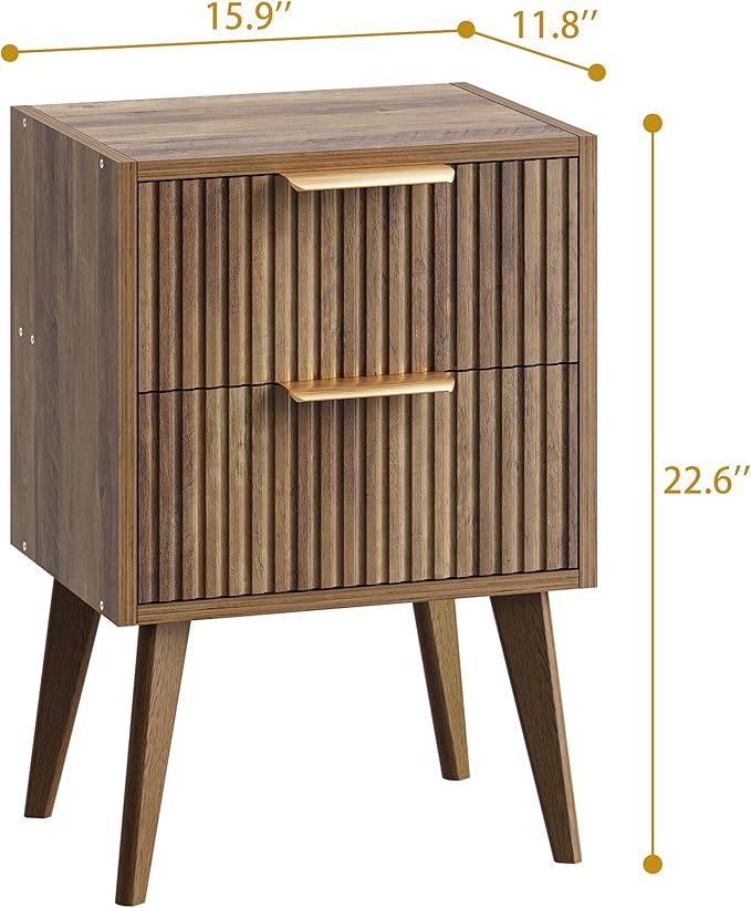 Nightstand with 2 Drawers,Mid Century Modern Bedside Table with Handles,Fluted Side Table with Solid Wood Legs,Walnut Brown End Table for Living Room,Bedroom,Caramel Oak CTG55BR