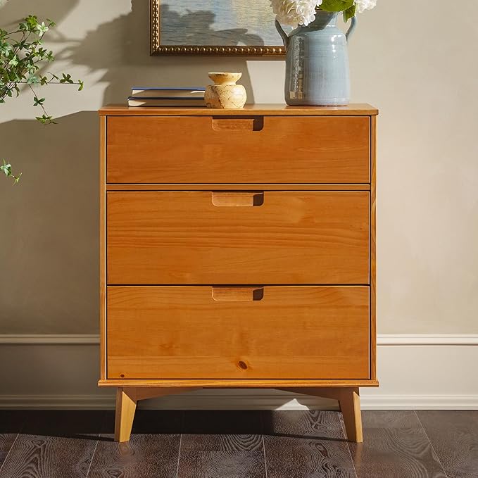 Walker Edison Sloane 3-Drawer Groove Handle Solid Pine Wood Dresser, 36 Inch, Caramel