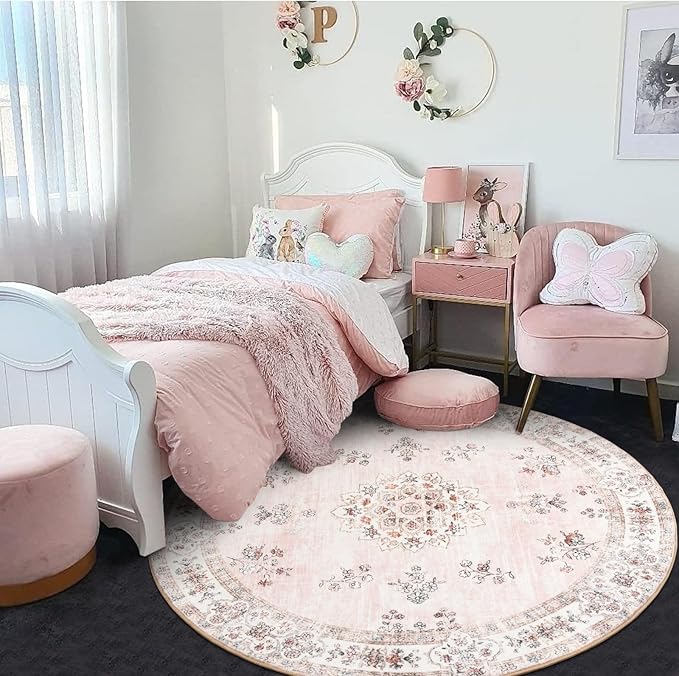 Lahome Pink Washable Round Rug 5ft, Soft Europe Vintage 5x5 Circle Rug for Nursery Kids Playroom, Non-Slip Floral Pastel Circular Carpet for Aesthetic Home Decorations Bedroom Decor