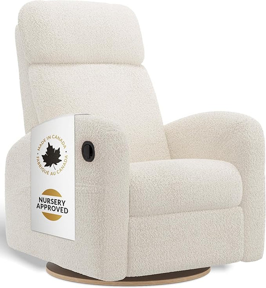 Hailey Modern Nursery Glider Recliner Chair (Manual) – Cozy Nursing Chair with 360° Swivel for New Parents, Gentle Motion, High Back & Low Armrests, Adjustable headrest, Canadian Made (Puppy Pearl)