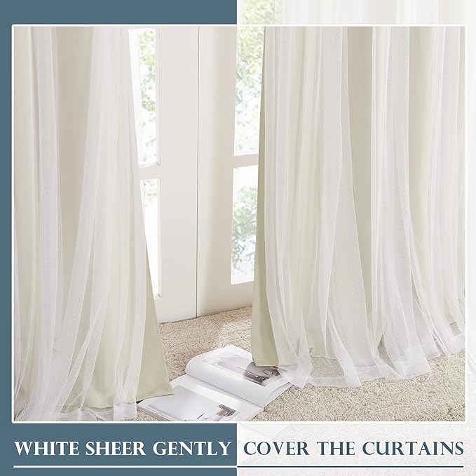 PONY DANCE Double-Layered Curtains - Blackout Curtains 63 Inch Length, Grommet Top Design White Sheer Panels for Bedroom/Living Room (W52xL63, Beige, One Pair, with Free Tie-Backs)