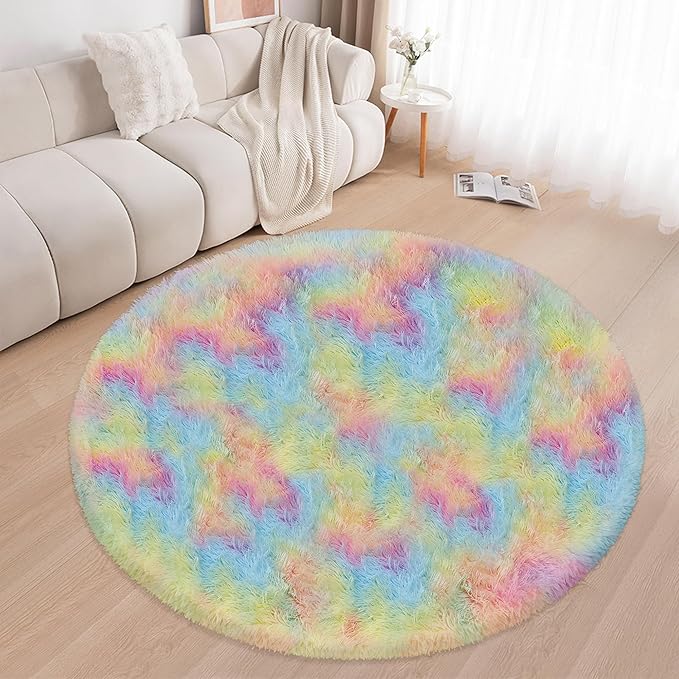 6 ft Large Fluffy Round Rug for Girls Bedroom,Soft Shaggy Rainbow Rugs Plush Fuzzy Circle Area Rug for Living Room Cute Kids Playroom Room Baby Toddler Nursery Colorful Home Decor Aesthetic