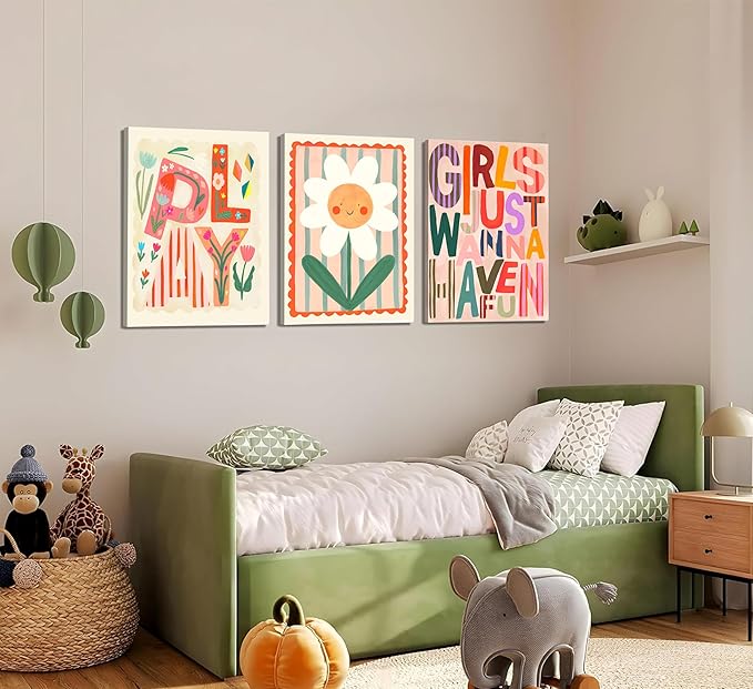 Boho Floral Sun Nursery Wall Art Girls Just Wanna Have Fun Positivity Affirmation Rainbow Print Playroom Classroom Counseling Office wall decor Play Poster for Kids Bedroom, 16x24 Inch, Set of 3