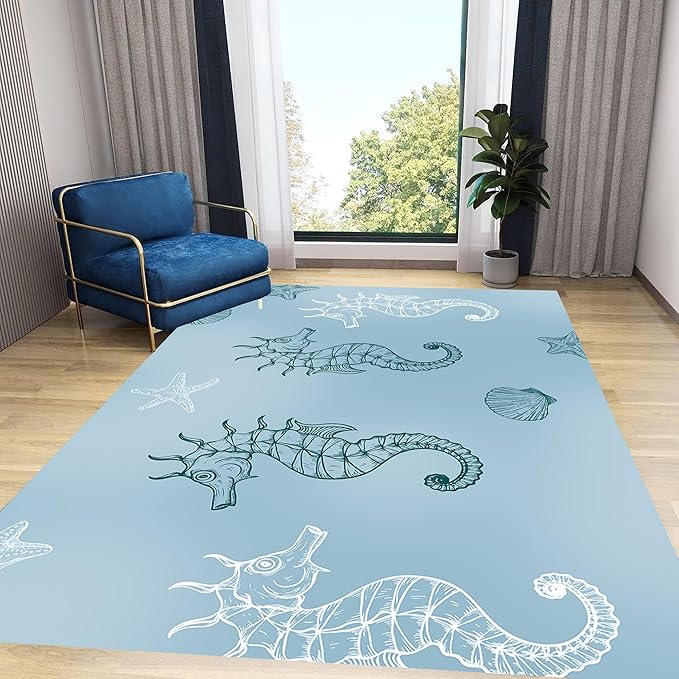 Seahorse Starfish Area Rugs, 6x8ft, Coastal Marine Animal Shell Nautical Rug for Bedroom, Pet Friendly Absorbent Carpet, Floor Decor Dirty Resistant Durable Mat for Bath Room Girls Boys