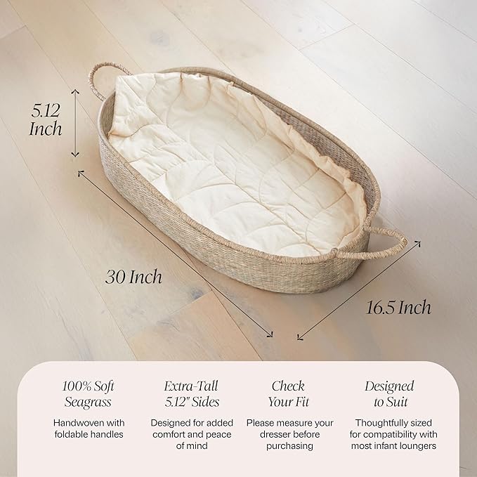 BEBE BASK Premium Baby Changing Basket - Artisan-Crafted Seagrass With Extra High Sides - Changing Basket for Baby Dresser - All Accessories Included - Complete Set for Nursery (Natural)
