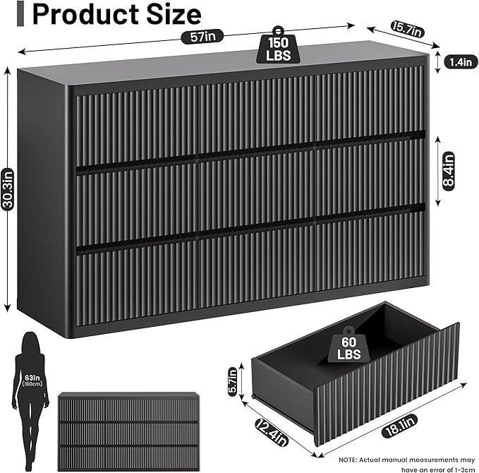 Black 9 Drawers Dresser, 57" Wide Fluted Dresser for Bedroom, Modern Chest of Drawers with Curved Profile, Handleless, Wooden TV Stand with Organizer Storage for Living Room, Entryway
