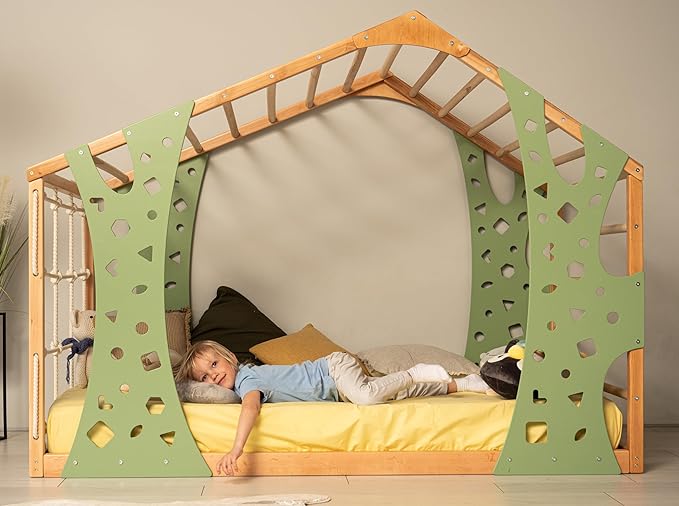 BUSY WOOD Climbing Bed for Toddler Monkey - Montessori Floor Bed Frame Jungle Gym - Twin, Full Bedframe