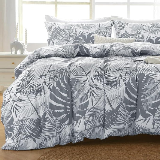 MUXHOMO Duvet Cover King Size, Reversible Floral Black & Grey Duvet Cover Set with Zipper Closure, 3 Pieces Botanical Patterns Soft Microfiber Bedding Set (90"x104", 2 Pillow Cases 20"×36") US