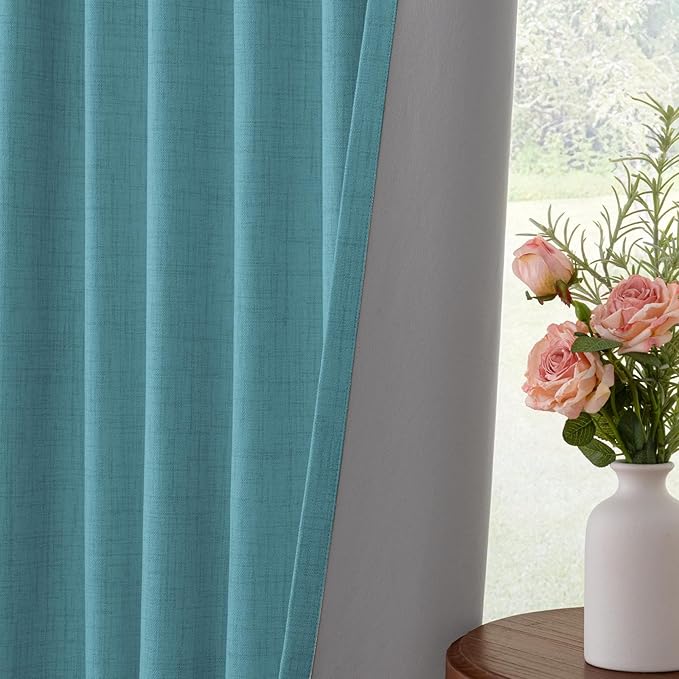 INOVADAY 100% Blackout Curtains for Bedroom, Black Out Curtains 108 Inch Long, Clip Rings Linen Blackout Drapes, Thermal Insulated Room Darkening for Living Room, 2 Panels - Teal,W50xL108