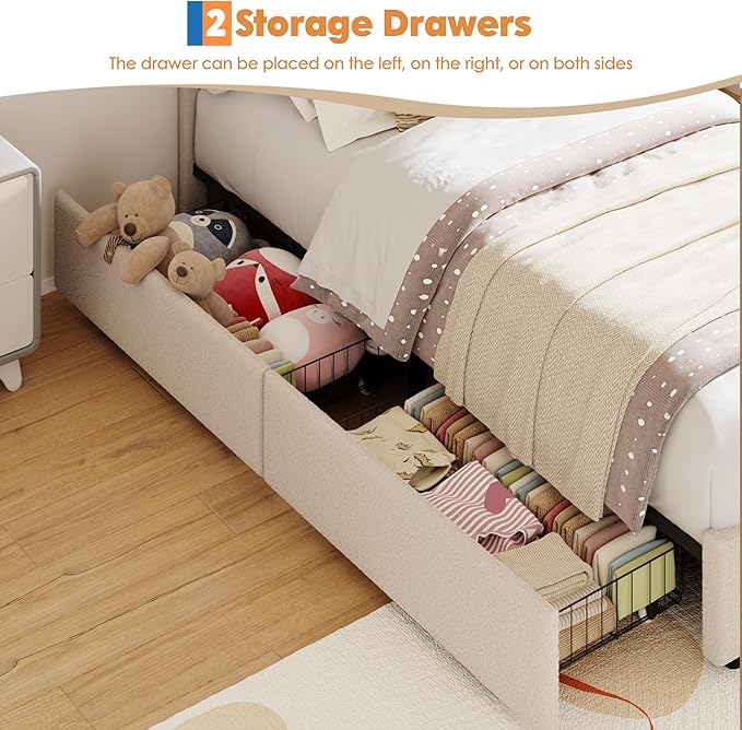 Garvee Twin Size Bed Frame with 2 Storage Drawers & LED Lights, Velvet Upholstered Platform Bed with Rainbow Headboard for Kids/Boys, Solid Wood Slats Support, No Box Spring Needed, Grey