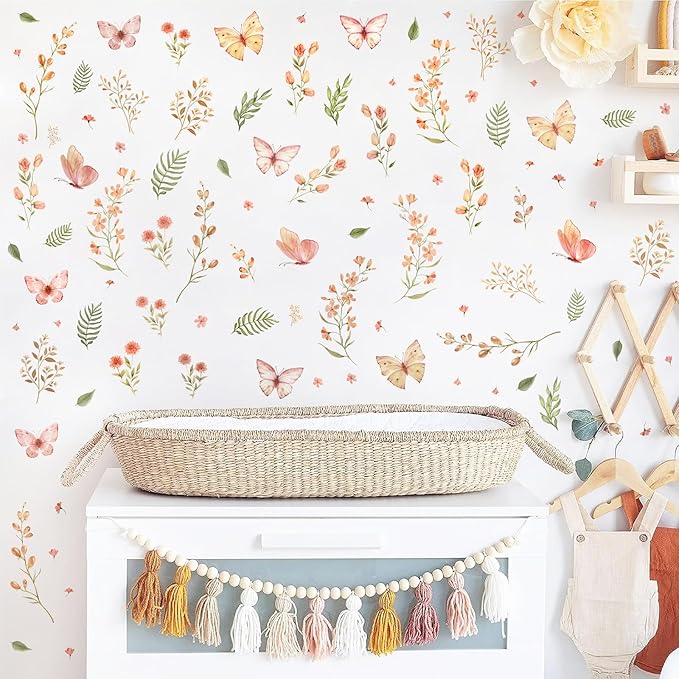 Boho Flower Wall Sticker Small Floral Wall Decals Peel and Stick Wildflower Leaf Sticker Removable Watercolor Girls Room Decal Flower Butterfly Decals for Nursery Baby Room Bedroom Decor