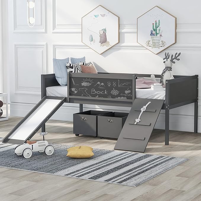 Play Fun Design Twin Size Loft Bed with Slide and Rope Climbing Ladder for Kids Boys Girls, Solid Wood Loft Bed Frame with 2 Storage Boxes and Double-sided Chalkboard, Sturdy Slat Support (Gray-2)