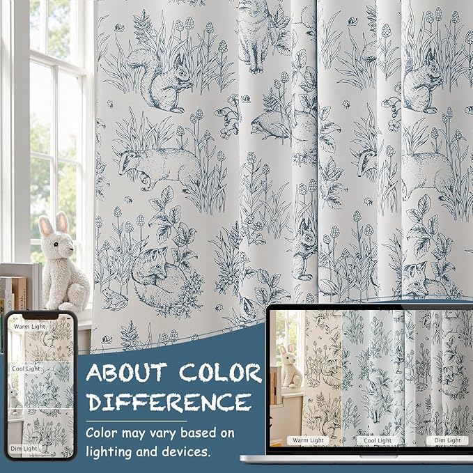jinchan Blackout Nursery Curtains 72 Inches Long, Bunny Woodland Toile Curtains Blue on Beige Animal Printed Drapes for Bedroom Rod Pocket Thermal Insulated Farmhouse Window Treatment 2 Panels