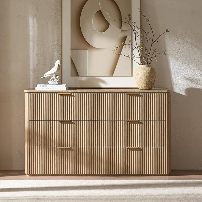 Fluted 6 Drawer Dresser for Bedroom, 54.5" Wide Modern Chest of Drawers with Faux Marble Top, Curved Corners Design, Wooden Dresser TV Stand with Organizer Storage for Living Room, Natural Oak